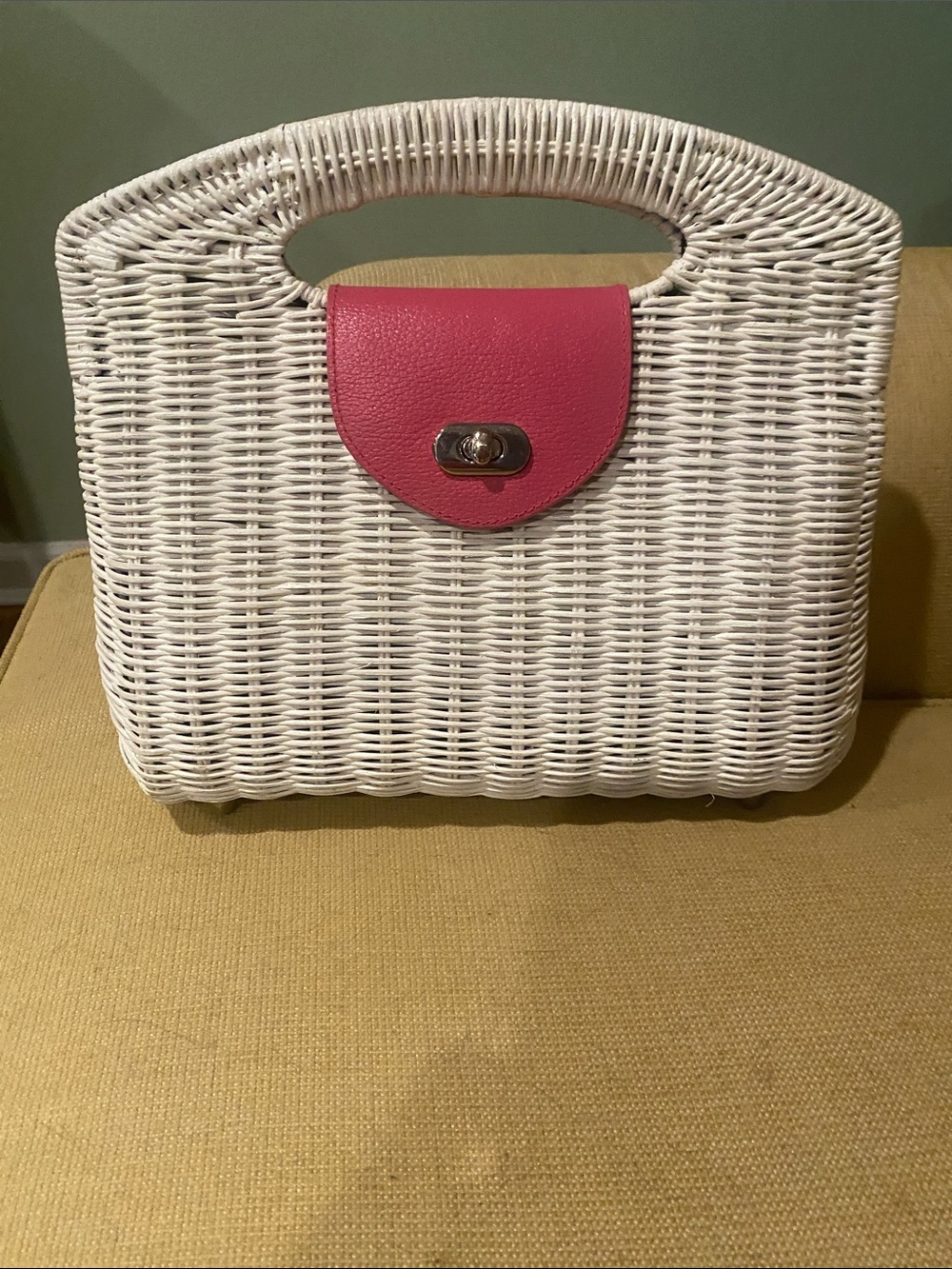 White Woven Tote with Pink Leather Flap